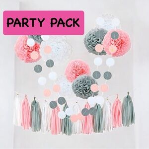 26pc Pink & Grey Party Decorations Set – Tissue Pom Poms, Tassels , Circle Dots